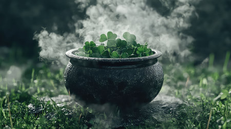 A captivating image of a pot filled with vibrant clover, surrounded by enchanting smoke rising in a tranquil green landscape, evoking a sense of mystery and magic.の素材