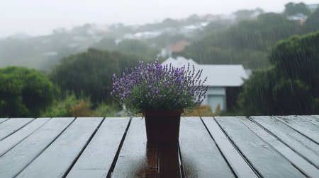 A serene scene featuring a lavender plant in a pot on a wooden table as rain gently falls in the background, creating a soothing and calming atmosphere.の素材