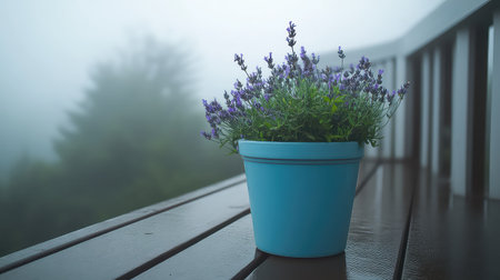 A tranquil scene featuring a vibrant lavender plant in a blue pot resting on a wooden deck. The soft mist creates a serene atmosphere, enhancing the beauty of nature.の素材