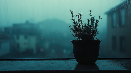 A serene indoor plant sits quietly on a windowsill, framed by a soft mist outside, creating a peaceful atmosphere on a rainy day.の素材
