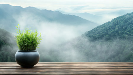 A beautiful green plant in a pot sits on a wooden deck with misty mountains in the background, creating a serene and peaceful atmosphere in nature.の素材