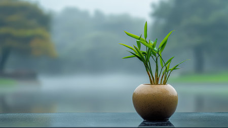 A serene bamboo plant placed in a decorative pot creates a calming focal point against a misty backdrop. This tranquil scene embodies peace and simplicity.の素材