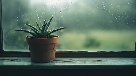 A serene indoor scene featuring an aloe vera plant sitting on a window sill, illuminated by soft natural light with gentle raindrops on the glass.の素材