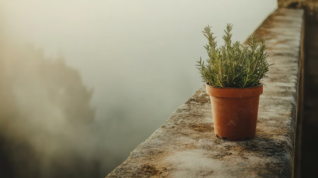A charming green potted plant sits on a weathered stone wall, surrounded by mist, creating a serene and tranquil atmosphere in a beautiful landscape.の素材