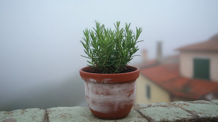 A serene image of a green herb plant in a terracotta pot, set against a foggy backdrop of blurred buildings. Ideal for wellness and nature-themed projects.の素材