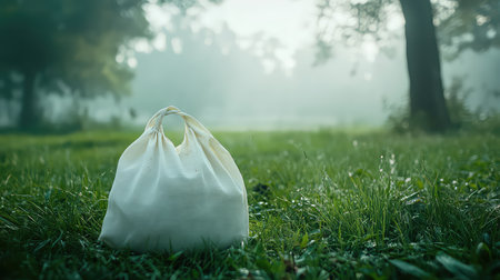 A tranquil morning scene featuring a white bag resting on dewy grass, surrounded by misty trees and soft light, evokes a sense of calm and serenity.の素材