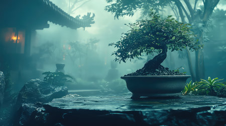 A beautifully styled bonsai tree stands proudly in a tranquil garden, enveloped in soft mist and surrounded by lush greenery, creating a serene atmosphere.の素材