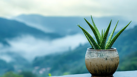 A fresh aloe vera plant in a rustic pot stands against a misty mountain backdrop during dawn. This serene image embodies natural beauty and tranquility.の素材
