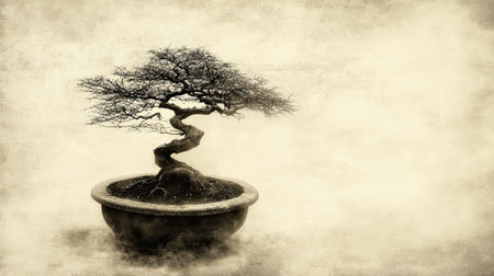 A striking image of a bonsai tree in a vintage pot, showcasing intricate branches and a serene design, perfect for tranquil decor and artistic backgrounds.の素材