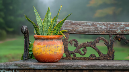 A tranquil scene featuring a potted plant in a rustic pot on a wooden bench, set against a misty backdrop. Perfect for illustrating nature's beauty.の素材