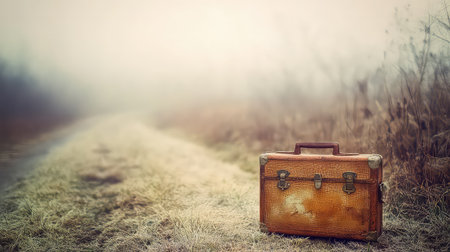 A weathered vintage suitcase rests on a foggy road, surrounded by serene nature and tall grass. The scene captures a moment of nostalgia and tranquility.の素材