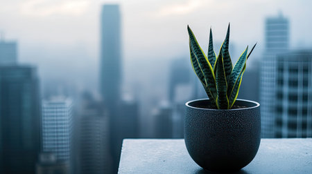 A striking indoor plant sits in a sleek pot against a blurred urban skyline. Soft morning light enhances the serene atmosphere, showcasing urban gardening.の素材