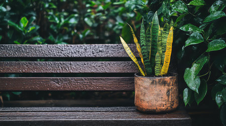 A vibrant snake plant in a terracotta pot sits atop a wooden bench, surrounded by lush greenery in a serene outdoor setting with raindrops glistening.の素材