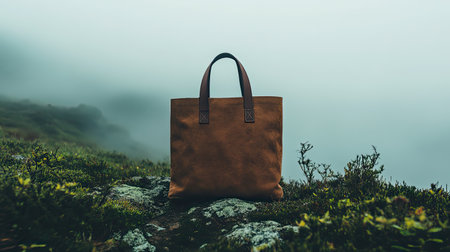 A rustic leather tote bag positioned in a tranquil, fog-covered mountain landscape symbolizes adventure and simplicity, perfect for outdoor enthusiasts and style lovers.の素材