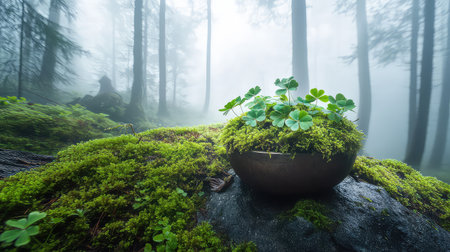 A captivating image showcasing a delicate clover plant nestled in a mossy bowl, set against a misty forest backdrop, evoking tranquility and natural beauty.の素材