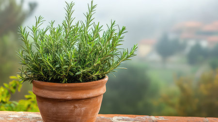 A beautiful close-up of fresh rosemary herb in a brown terracotta pot, showcasing vibrant green leaves against a misty landscape, perfect for nature lovers.の素材
