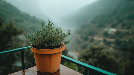 A serene potted plant sits on a balcony railing, overlooking misty mountains and a lush landscape, creating a peaceful atmosphere in natural light.の素材