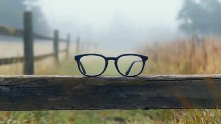 A stylish pair of eyeglasses sits gracefully on a rustic wooden fence, surrounded by a foggy field. The serene atmosphere captures the beauty of nature and simplicity.の素材
