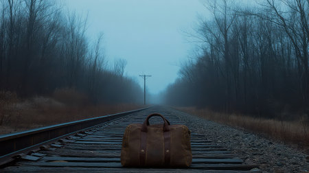 A solitary brown leather bag rests on abandoned railway tracks, shrouded in fog. The barren trees create a haunting atmosphere that evokes a sense of solitude.の素材