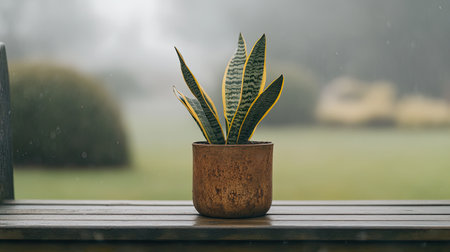 A beautiful potted plant sits elegantly on a wooden table, surrounded by a misty landscape. This serene image evokes a sense of tranquility and natural beauty.の素材