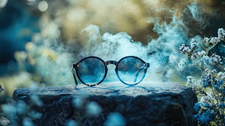A pair of stylish sunglasses rests on a stone, beautifully surrounded by soft smoke and delicate flowers, creating a tranquil outdoor atmosphere.の素材