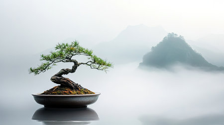 This stunning image showcases a bonsai tree beautifully placed in still water, surrounded by serene misty mountains, exuding tranquility and harmony.の素材