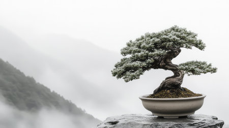 Captivating image of a bonsai tree gracefully placed on a stone in a misty mountain landscape. This artwork evokes peace, harmony, and a deep connection to nature.の素材