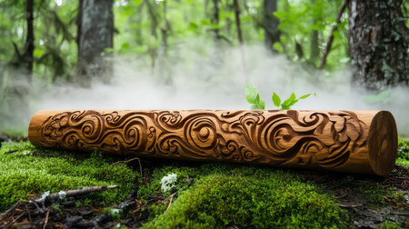 A beautifully carved wooden log resting on lush green moss, enveloped in mist, revealing intricate patterns, showcasing nature's artistic beauty.の素材