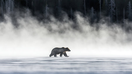 A stunning image of a grizzly bear walking through a foggy and frozen landscape, highlighting the beauty of the wilderness at dawn.の素材