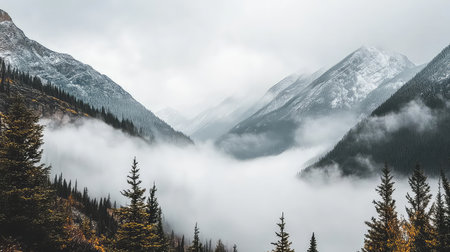 Discover a breathtaking mountain range shrouded in fog, showcasing nature's tranquility. The towering peaks and dense forests create a stunning backdrop for outdoor adventures.の素材