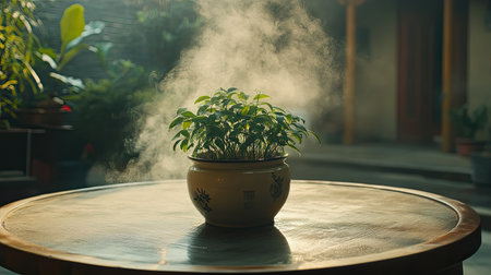 A vibrant green plant sits elegantly in a decorative pot, surrounded by rising steam, creating a serene atmosphere indoors, perfect for relaxation.の素材
