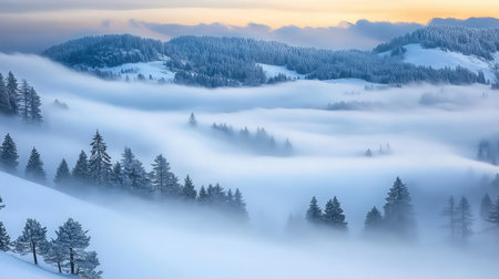 Discover a breathtaking winter landscape featuring mist rolling over snowy hills and trees at sunrise, creating a serene and tranquil atmosphere in nature.の素材