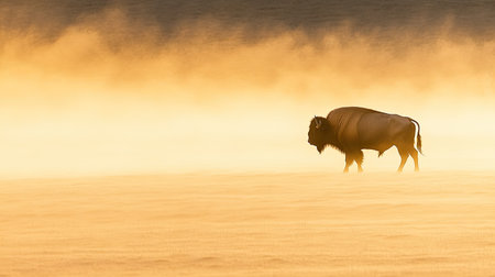 A solitary bison strides through a golden landscape enveloped in fog at dawn, embodying the spirit of the wild and evoking tranquility in nature.の素材