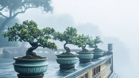A serene scene featuring carefully pruned bonsai trees lined up on a railing, enveloped in morning mist, evoking calmness and connection to nature.の素材