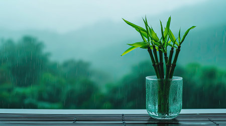 A serene scene featuring a fresh bamboo plant in a clear glass vase, set against a backdrop of gentle rain and lush green nature. Perfect for promoting tranquility and calmness in home decor.の素材