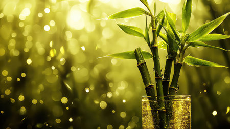 A stunning display of lush bamboo stems in a glass vase, illuminated by soft sunlight and set against a dreamy bokeh background, creating a serene ambiance.の素材
