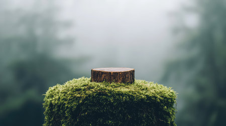 A serene view of a wooden stump covered in vibrant green moss, captured in a misty forest setting. This image evokes tranquility and connection to nature.の素材