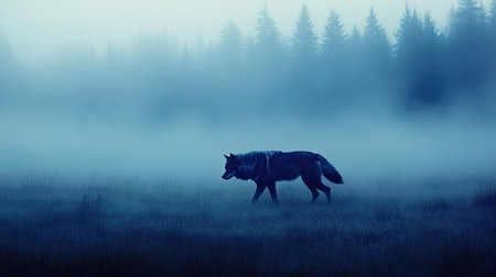 A striking image of a lone wolf traversing a fog-laden forest, enveloped in mysterious blue hues, capturing the essence of wilderness and tranquility.の素材