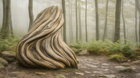 A captivating forest scene featuring a unique twisted wood formation amidst lush greenery and a misty background, evoking tranquility and serenity.の素材