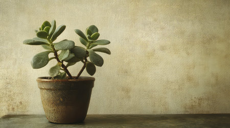 This image captures a beautiful indoor succulent plant in a rustic pot against a textured background, emphasizing natural beauty and serenity ideal for decor inspiration.の素材