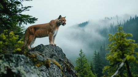 This stunning image showcases a cougar perched on a rocky outcrop, surveying its misty, forested surroundings. The atmosphere is serene and wild, capturing the essence of nature's beauty.の素材