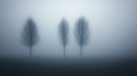 A serene and atmospheric image of three trees shrouded in fog, creating a dreamlike landscape. The soft focus enhances the mystery and tranquility of nature.の素材