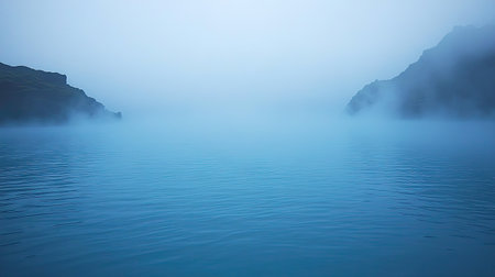 A serene and misty lake under a calming blue atmosphere showcases the beauty of nature. This landscape features rocky hills shrouded in fog, inviting tranquility and reflection.の素材
