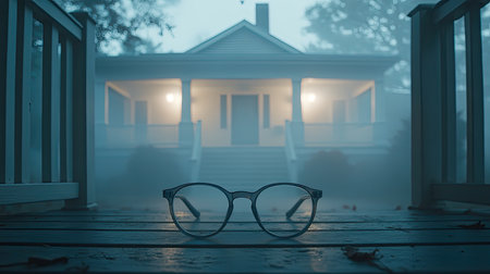 A pair of glasses rests on a wooden porch in a fog-covered setting, leading to a mysterious house illuminated softly at night. The atmosphere captures an eerie yet serene moment.の素材