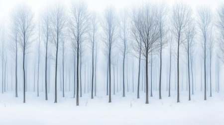 A serene winter landscape showcasing a row of bare trees emerging from thick mist over a blanket of fresh snow, creating a tranquil atmosphere.の素材