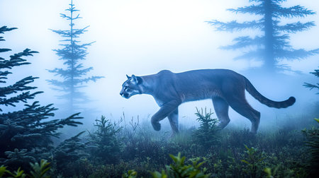 A captivating scene featuring a majestic cougar walking through a misty forest landscape. The soft fog creates a mysterious atmosphere, enhancing the beauty of nature.の素材