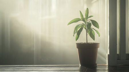 A vibrant green plant in a brown pot stands elegantly on a wooden floor, surrounded by soft morning light and mist, creating a serene atmosphere.の素材