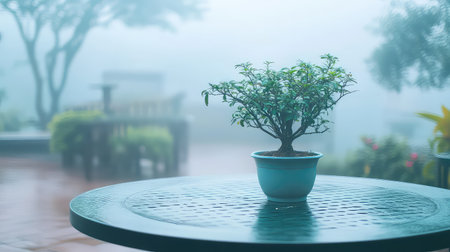 A captivating bonsai tree sits on a round table, enveloped in a misty garden atmosphere, creating a serene and tranquil mood. Ideal for nature lovers.の素材