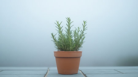 A vibrant green rosemary plant sits in a simple clay pot, creating a calming atmosphere against a soft, foggy background in natural light.の素材