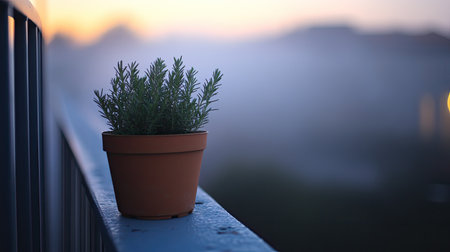 A small green plant in a terracotta pot rests peacefully on a balcony railing, surrounded by a foggy morning sunrise, offering a serene and calming atmosphere.の素材